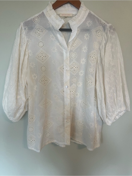 Solitaire Tops - Solitaire White Eyelet Ruffled Neck Puff-Sleeve Blouse Cottagecore